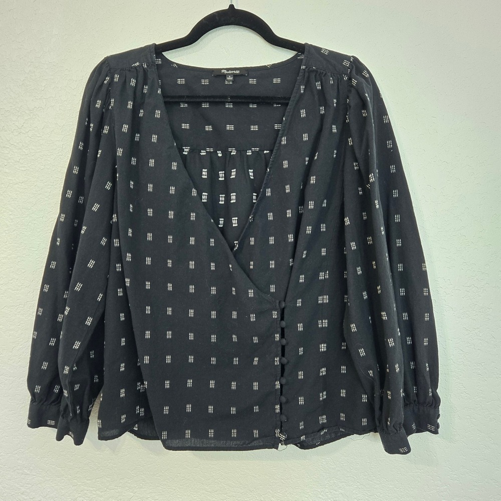 Madewell L Black White Geometric Print Wrap‎ V Neck Long Sleeve Blouse Top